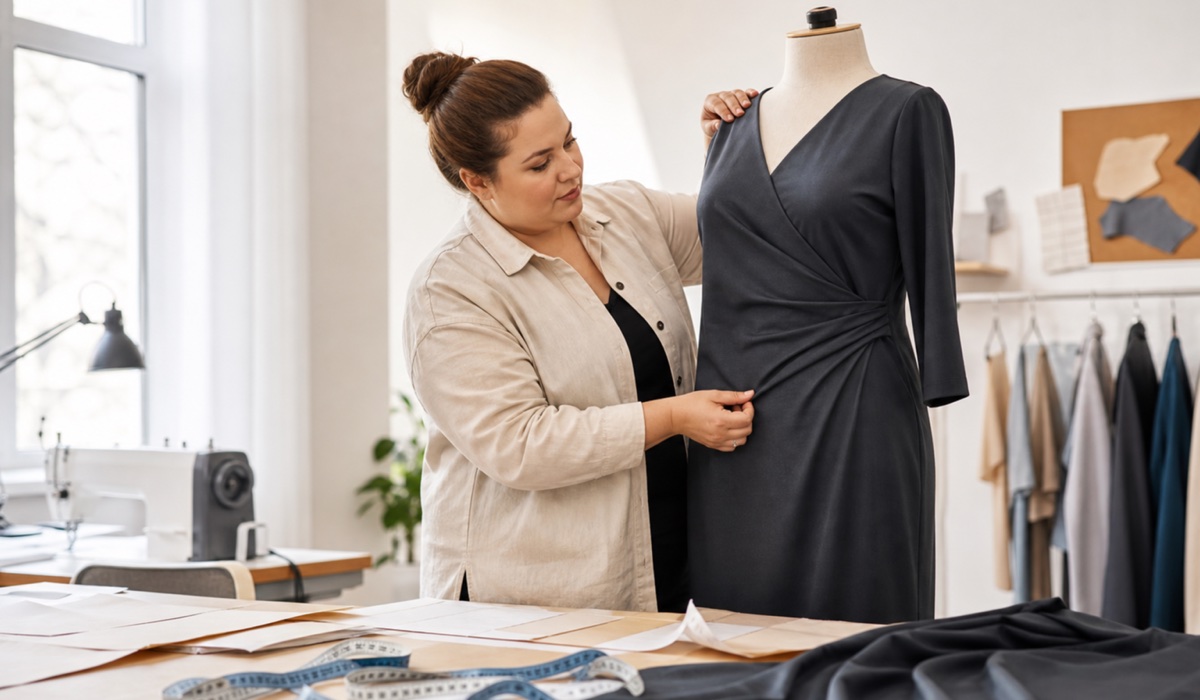 GARNE Eigenproduktion: Kontrolle eines Plus-Size-Kleides im Nähatelier
