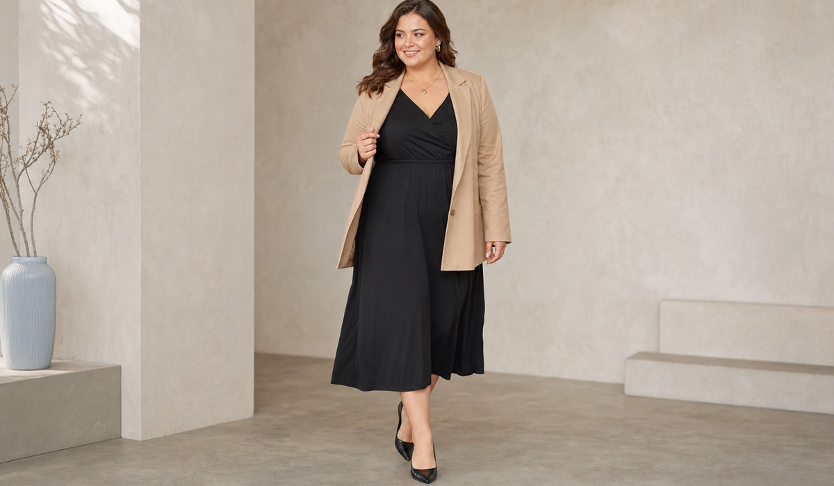Plus-Size-Model in Kleid und Blazer mit komfortabler Passform