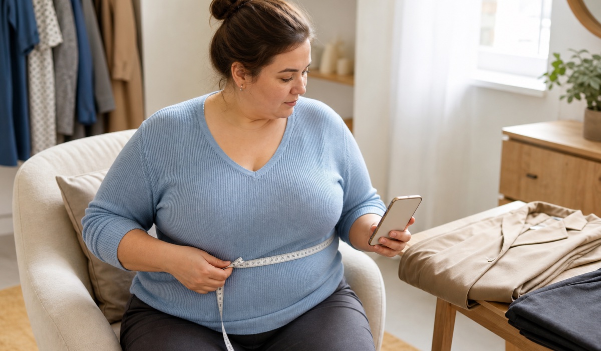 Plus-Size-Frau prüft Maße vor der Wahl hochwertiger Kleidung für ihre Garderobe