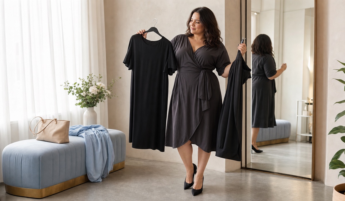 A plus-size woman chooses an elegant plus-size dress in a showroom