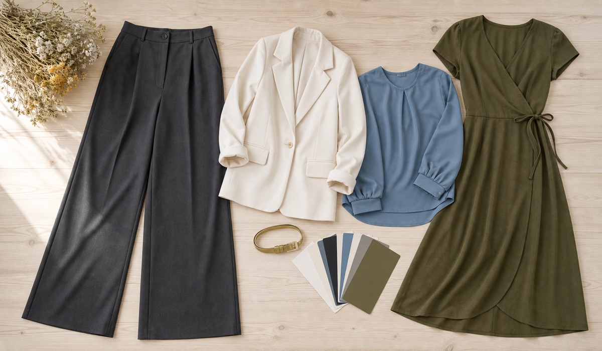 Капсула одежды Plus Size с брюками, платьем, жакетом и цветовыми карточками на светлом столе