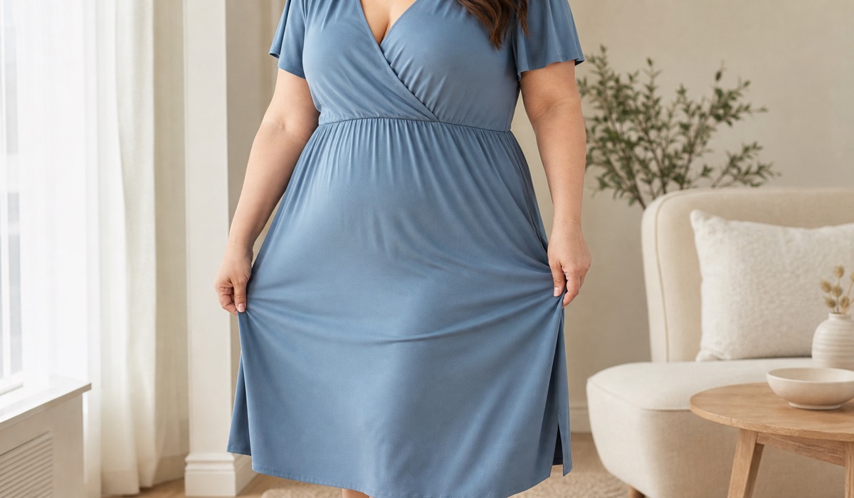 Деталь вискозного платья Plus Size и руки, показывающие мягкую драпировку ткани