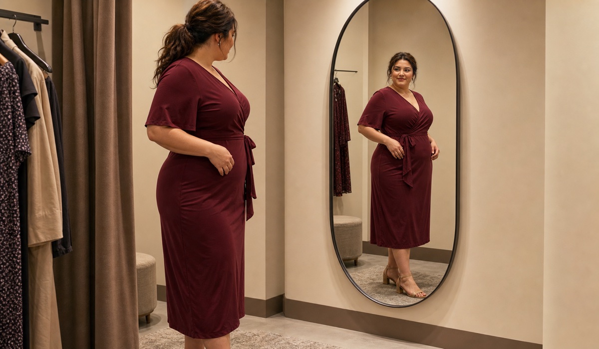 Женщина Plus Size примеряет платье миди перед зеркалом и проверяет посадку