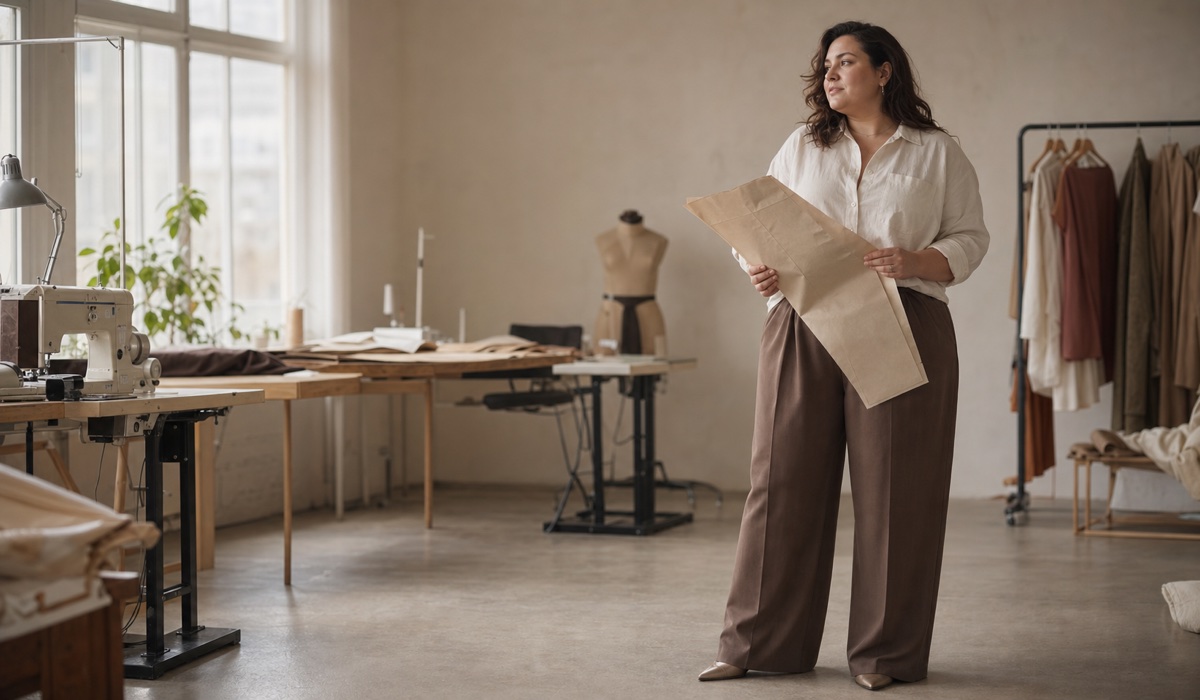Женщина Plus Size в широких брюках и рубашке рассматривает выкройку в украинской мастерской