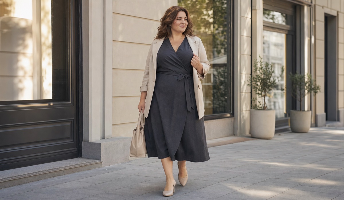 Женщина Plus Size в платье миди и жакете в современном городском образе