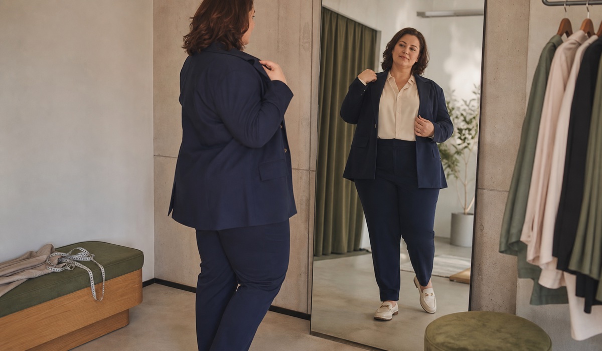 Trying on a Ukrainian Plus Size suit with a comfortable fit