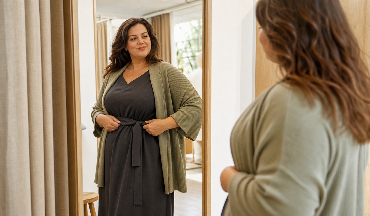 Жінка Plus Size оцінює посадку одягу в примірочній біля дзеркала