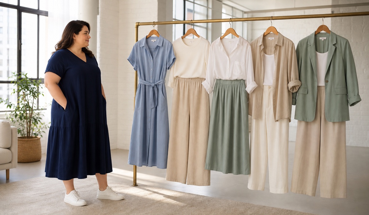 Summer Plus Size Capsule Looks: Dress, Trousers, Shirt, and Jacket