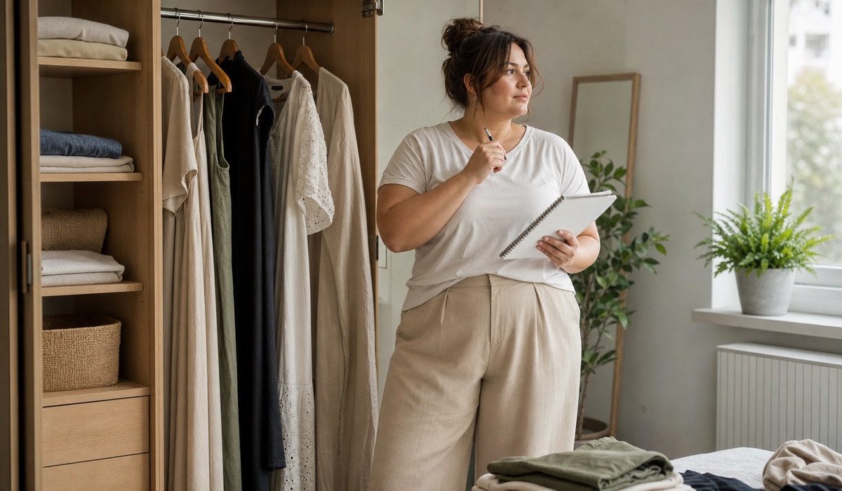 Plus Size client reviews her wardrobe before the summer sale