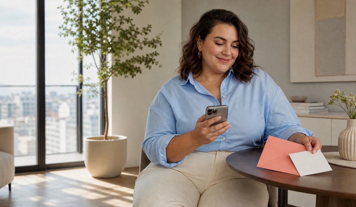 Eine Plus-Size-Frau in Blau liest den GARNE-Newsletter auf ihrem Smartphone