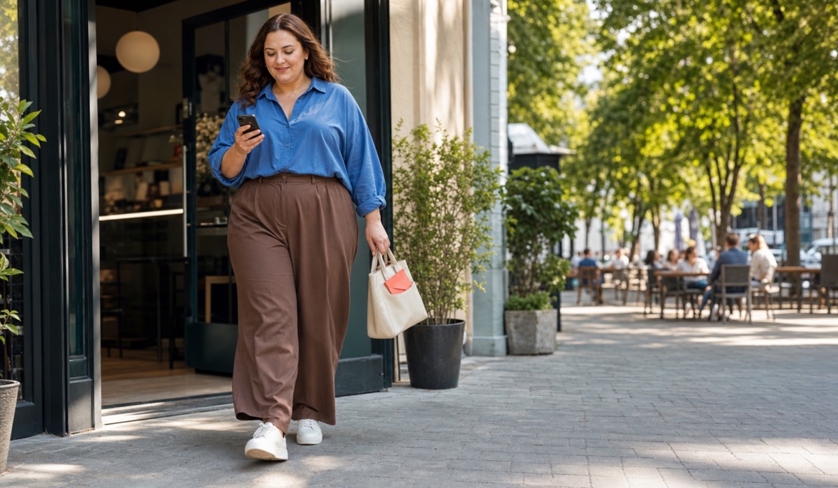 Plus-Size-Frau in einem bequemen urbanen Look mit Bluse und weit geschnittener Hose