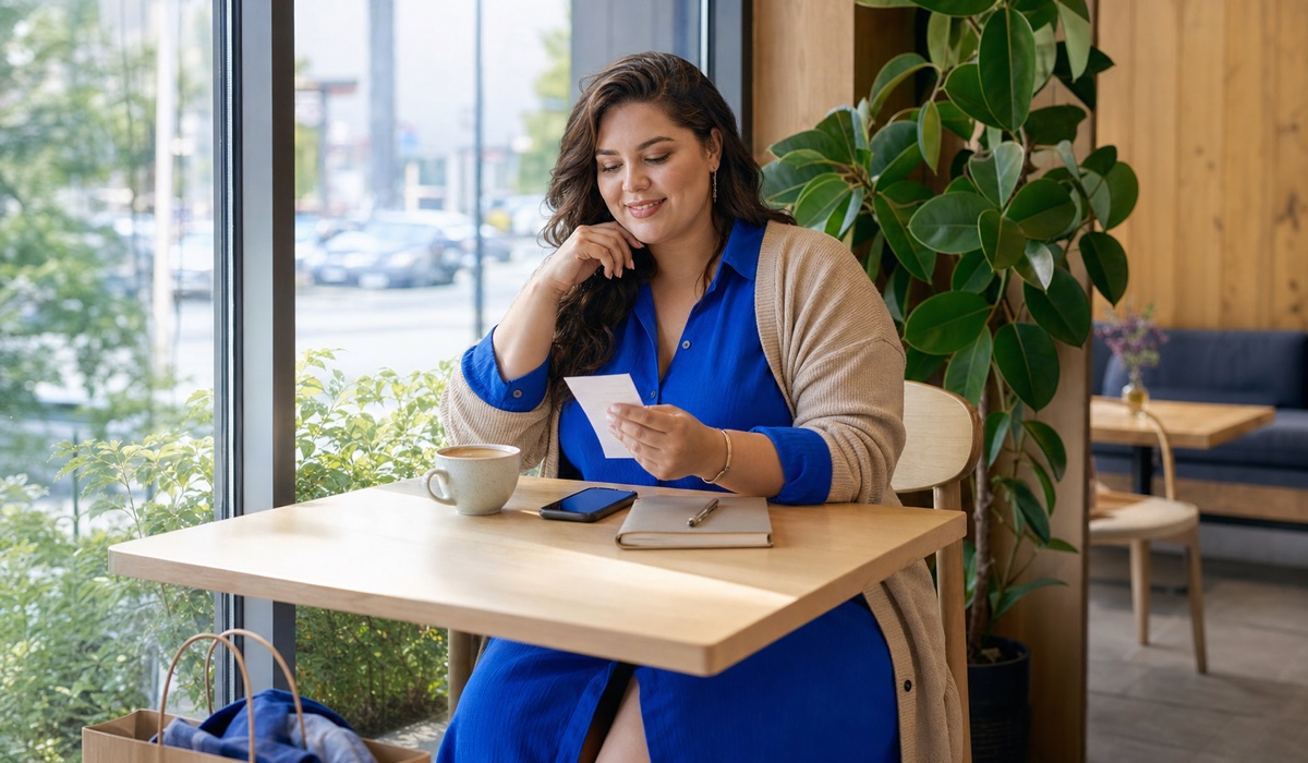 A Plus Size woman is planning a great outfit purchase for Christmas