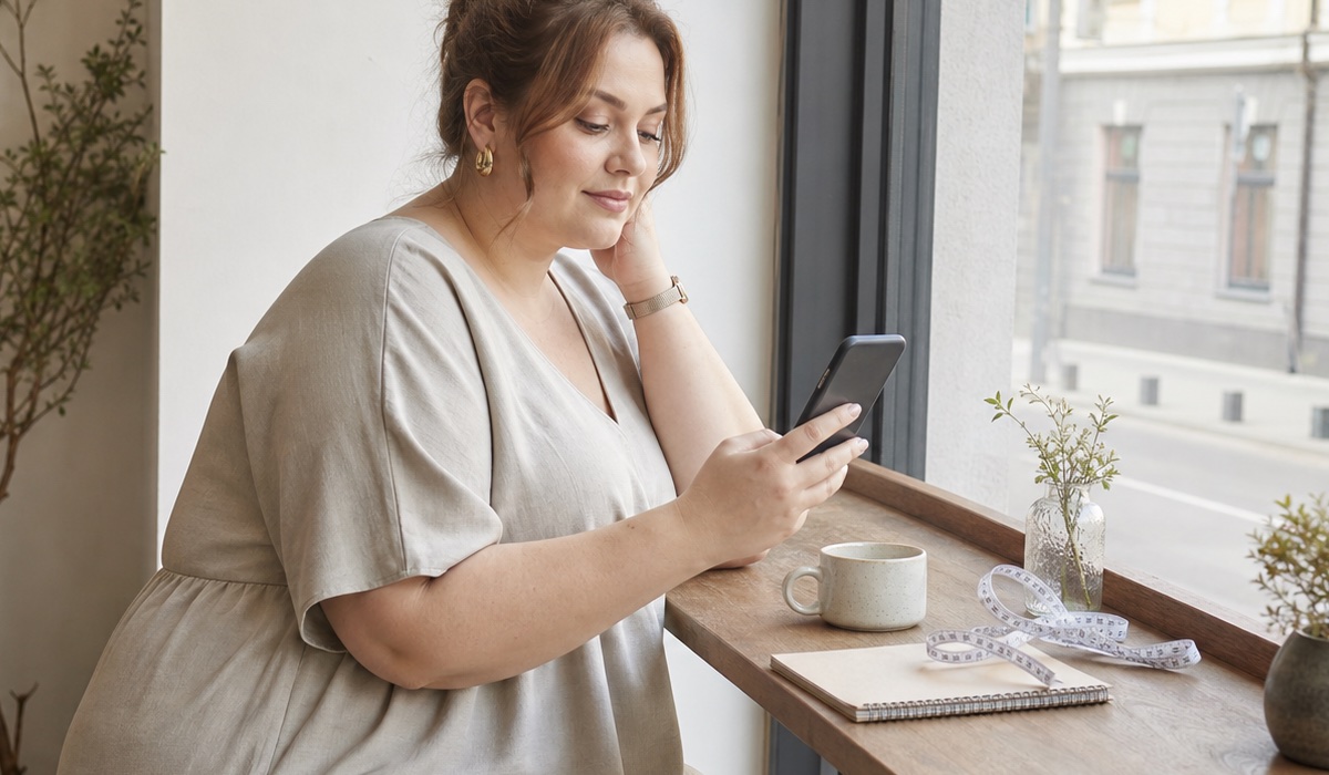 Plus Size customer comparing measurements on a smartphone before choosing GARNE clothing