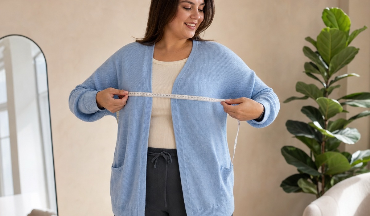Plus Size woman in a blue cardigan taking measurements with a tape measure