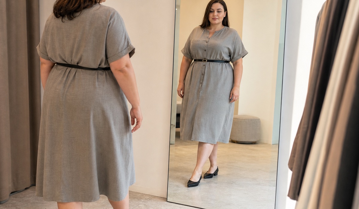 Plus Size woman in a grey-beige dress checking the fit in a mirror