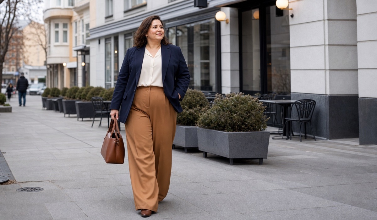Plus Size образ с костюмом и базовой блузой для городского дня