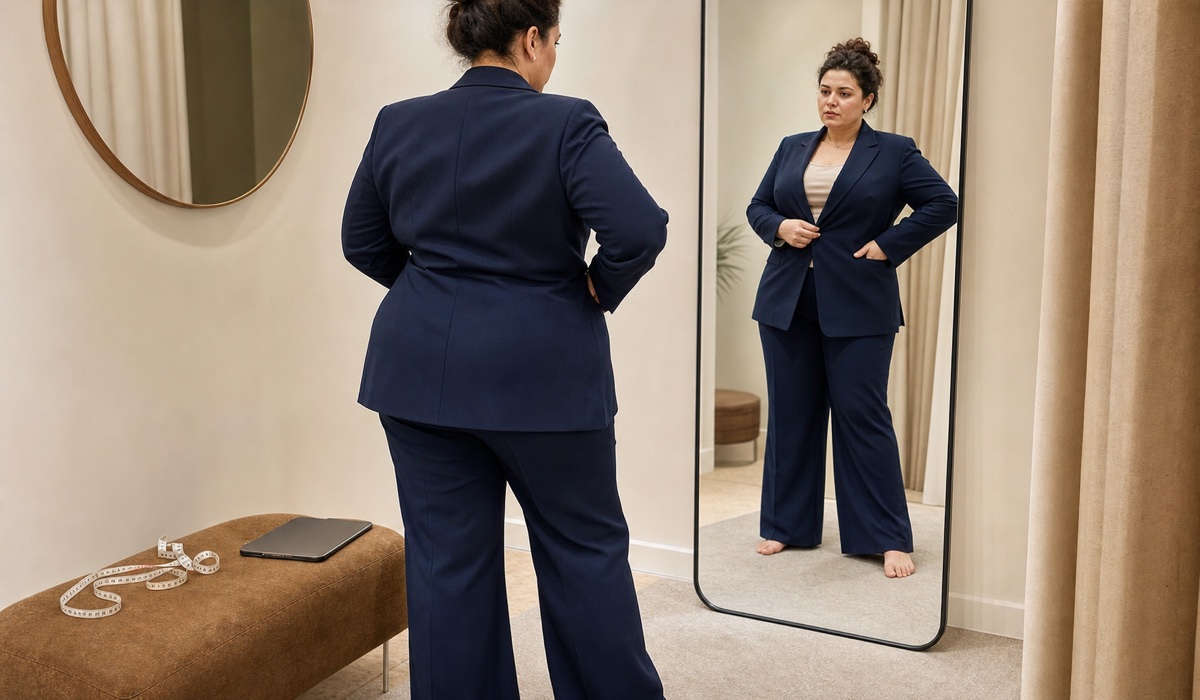 Plus Size женщина проверяет мерки и посадку одежды перед покупкой