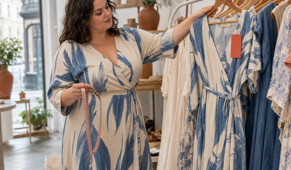 Женщина Plus Size выбирает летнее платье своего размера на финальной распродаже