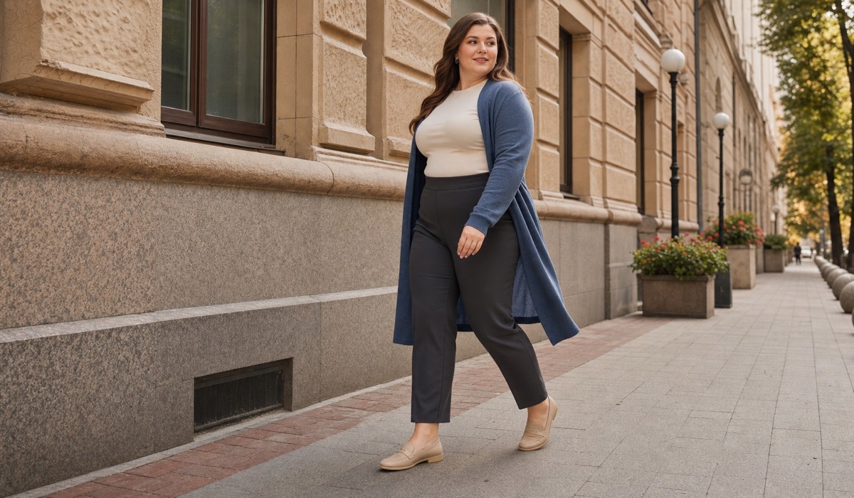 Plus-Size-Frau im Stadtlook mit Stretchhose und Cardigan