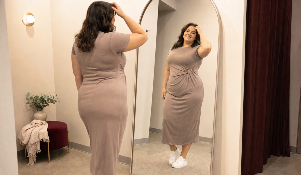 Plus-Size-Frau prüft Stretchkleidung vor einem Spiegel
