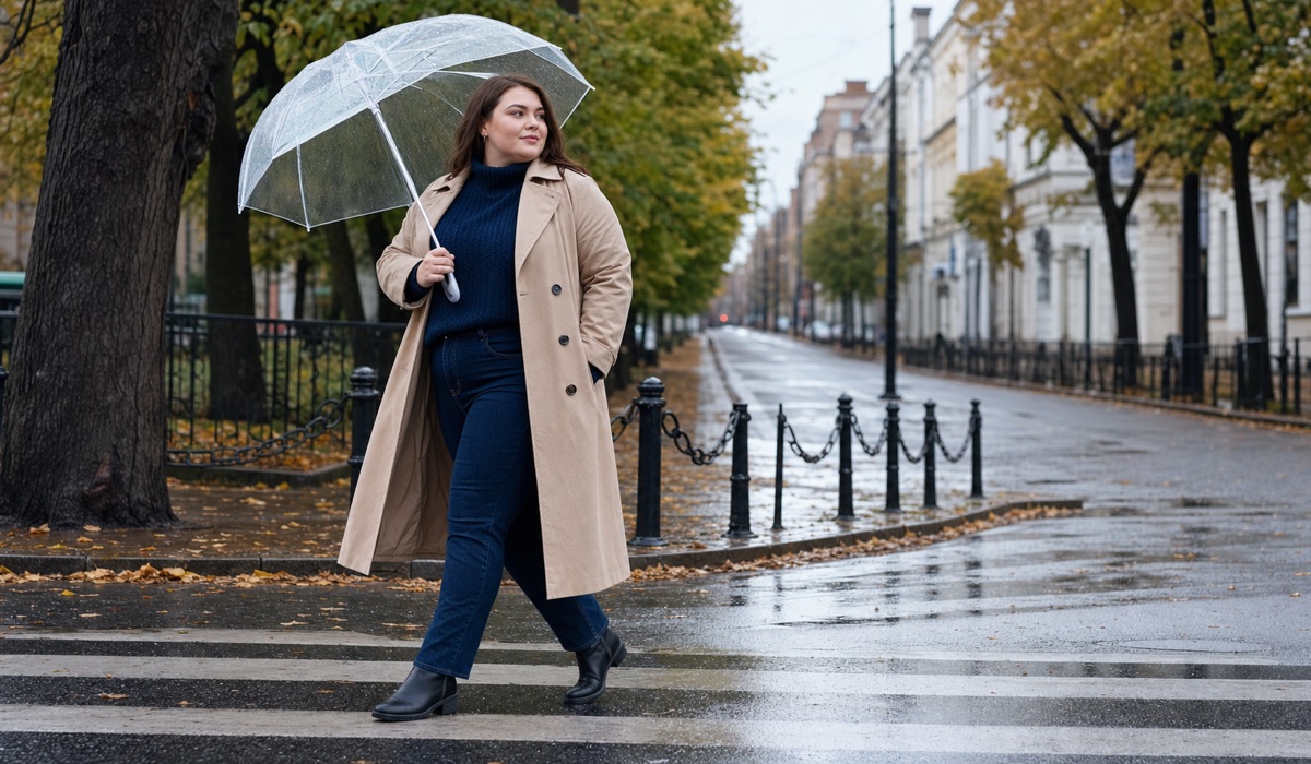 Layered Plus Size autumn look with a trench coat and oversized knit