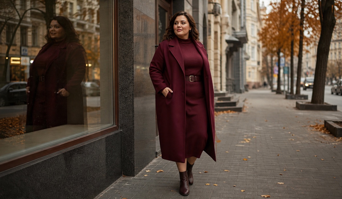 Autumn Plus Size monochrome look in a burgundy midi coat