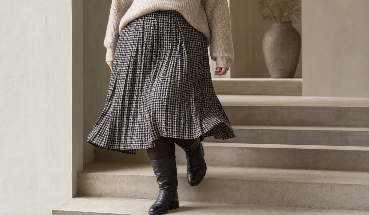 Houndstooth pleated midi skirt styled for a Plus Size woman