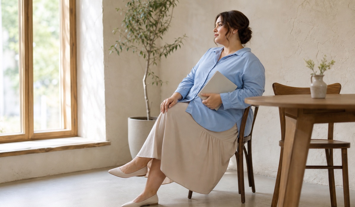 Plus Size woman in a sky-blue blouse and beige midi skirt for early autumn