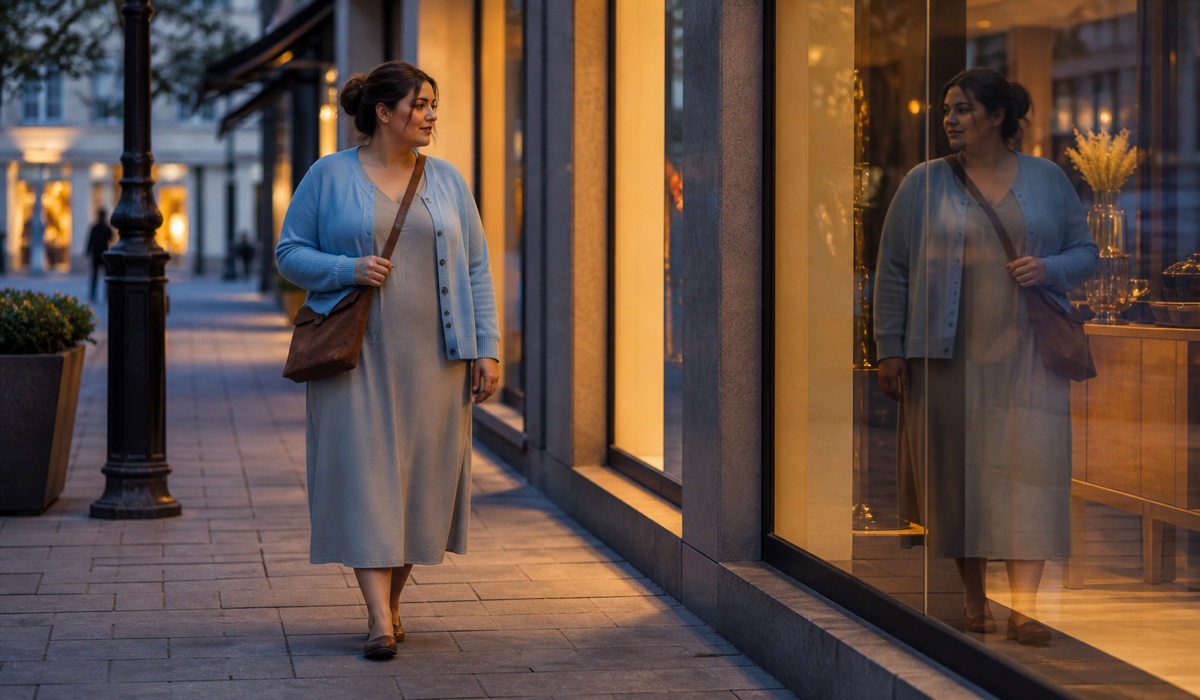 Plus Size woman in a grey-beige dress and sky-blue cardigan in the evening city