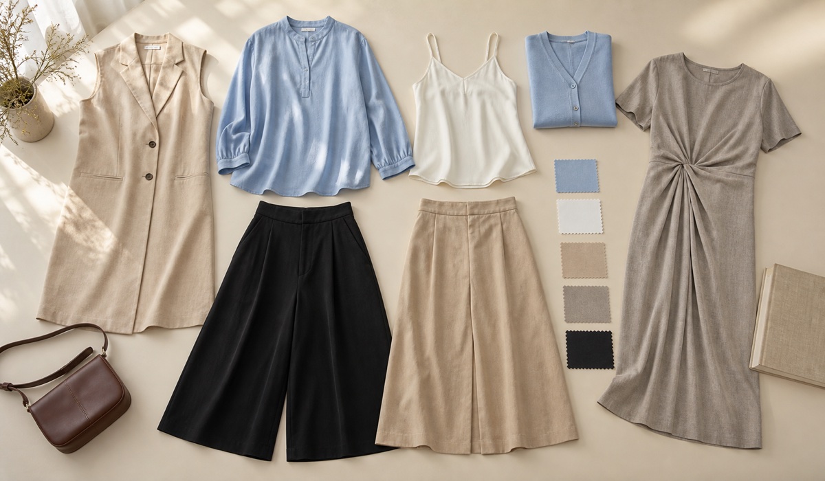 Flat lay of a Plus Size capsule with beige vest, blue blouse, black culottes, skirt, dress and cardigan