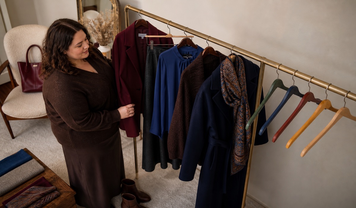 Plus size autumn capsule with blazer, midi dress, coat and scarf
