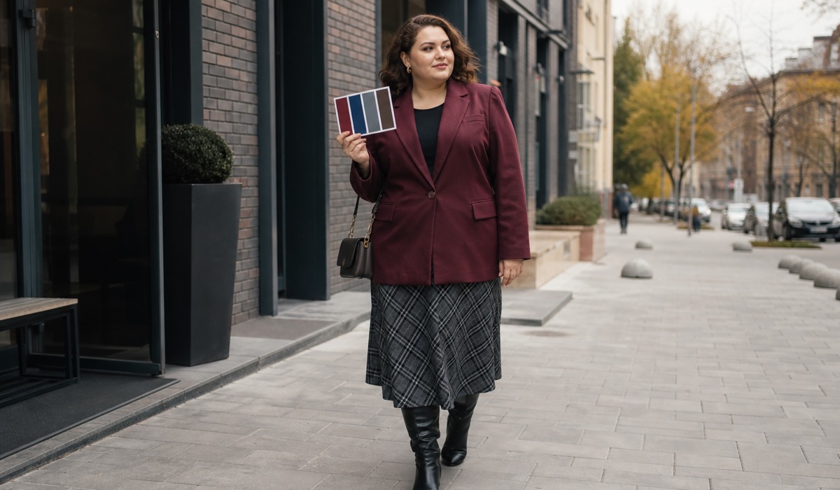 Plus size look with a fitted blazer and check pattern