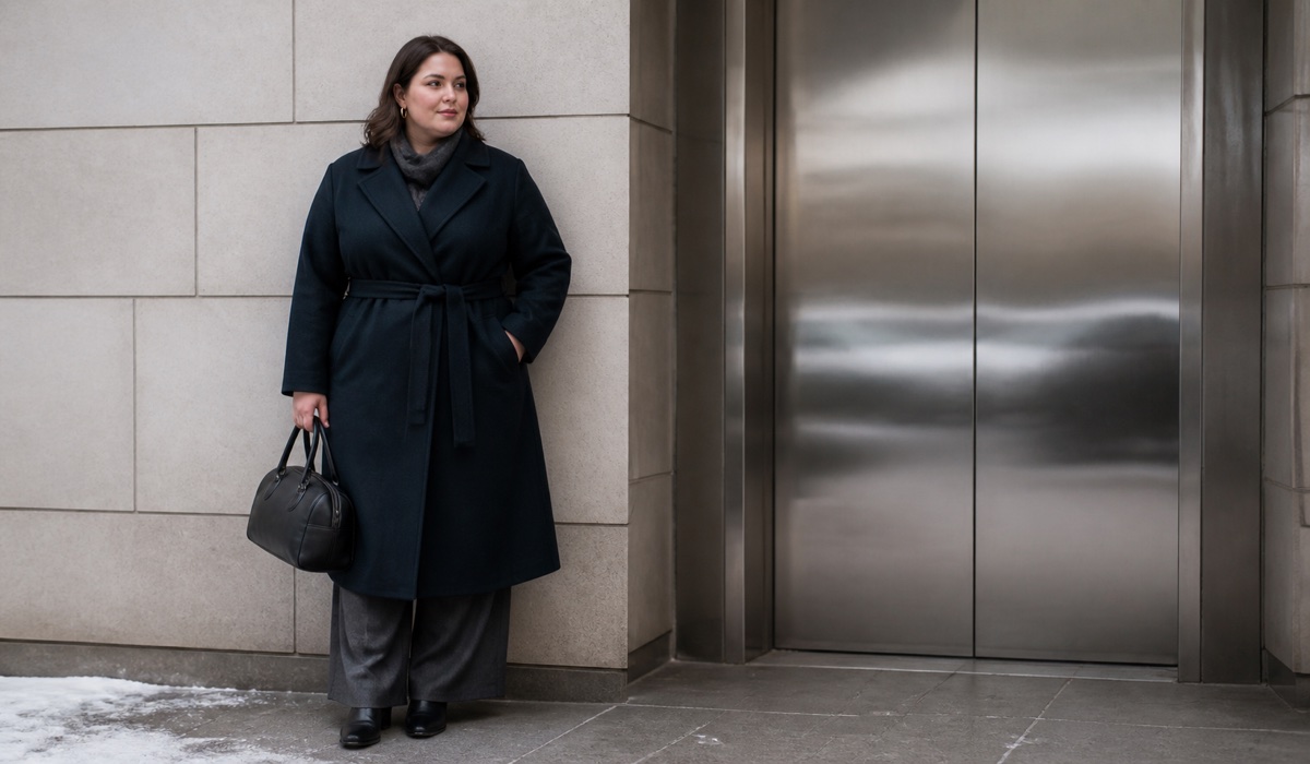 Navy plus size wrap coat for an autumn look