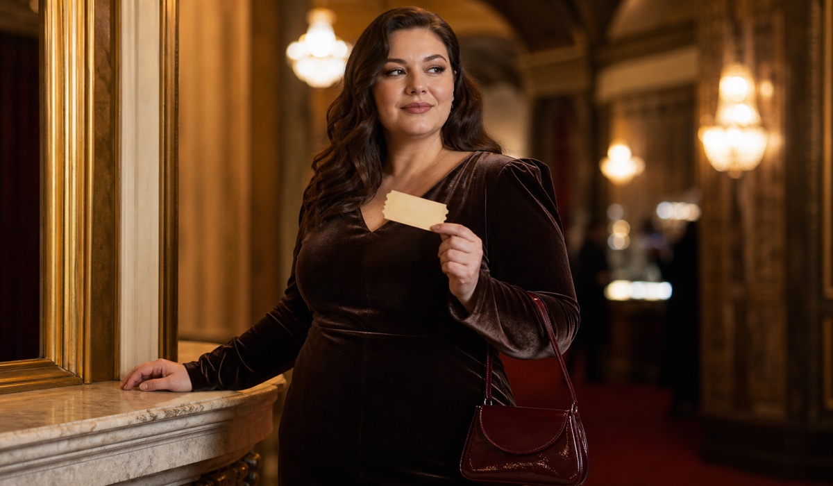 Plus size velvet dress with statement shoulders