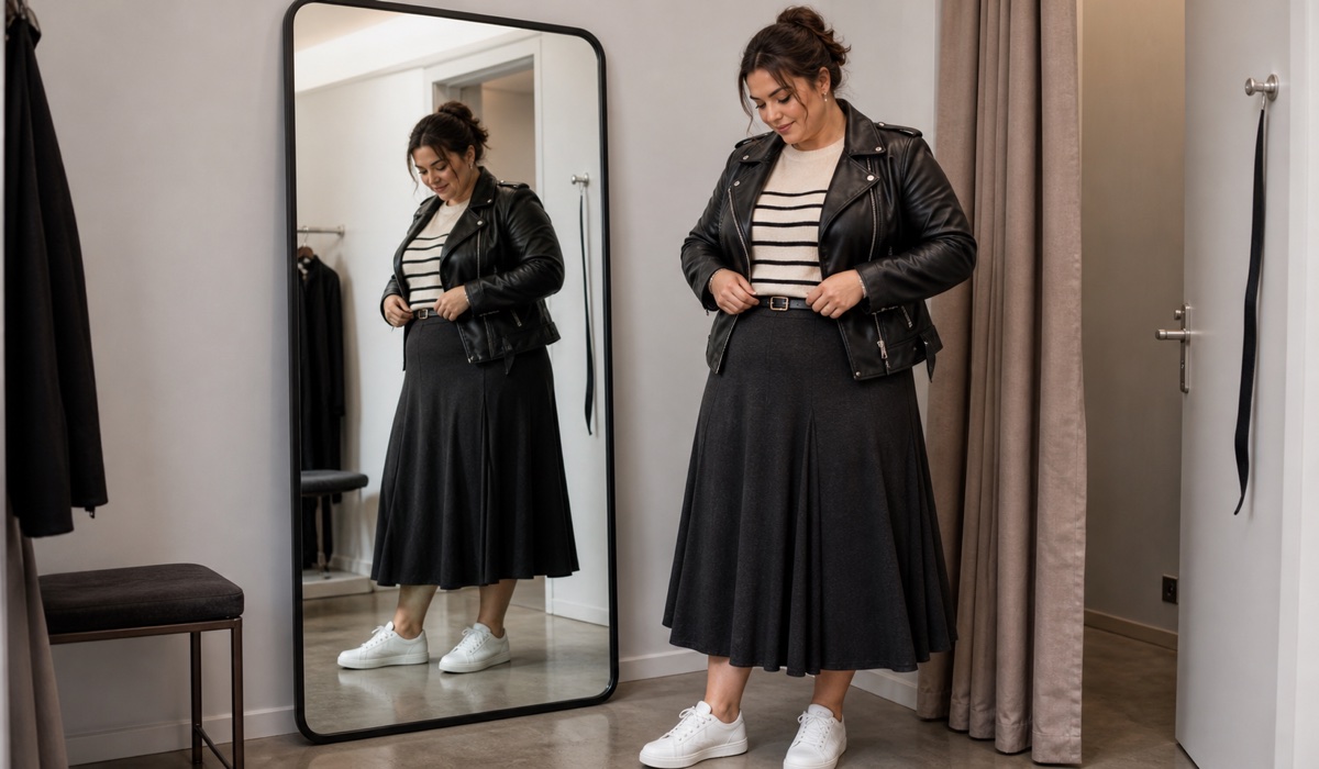 Жінка plus size у приталеній шкіряній куртці та спідниці міді