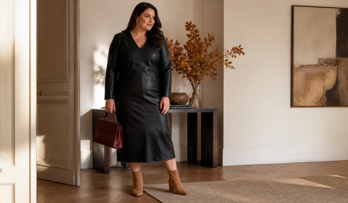 Жінка plus size у сукні-футлярі з екошкіри довжини міді