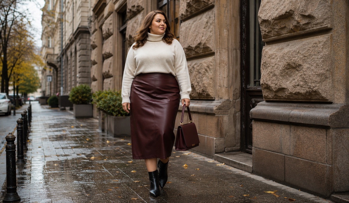 Жінка plus size у бордовій шкіряній спідниці міді та молочному джемпері