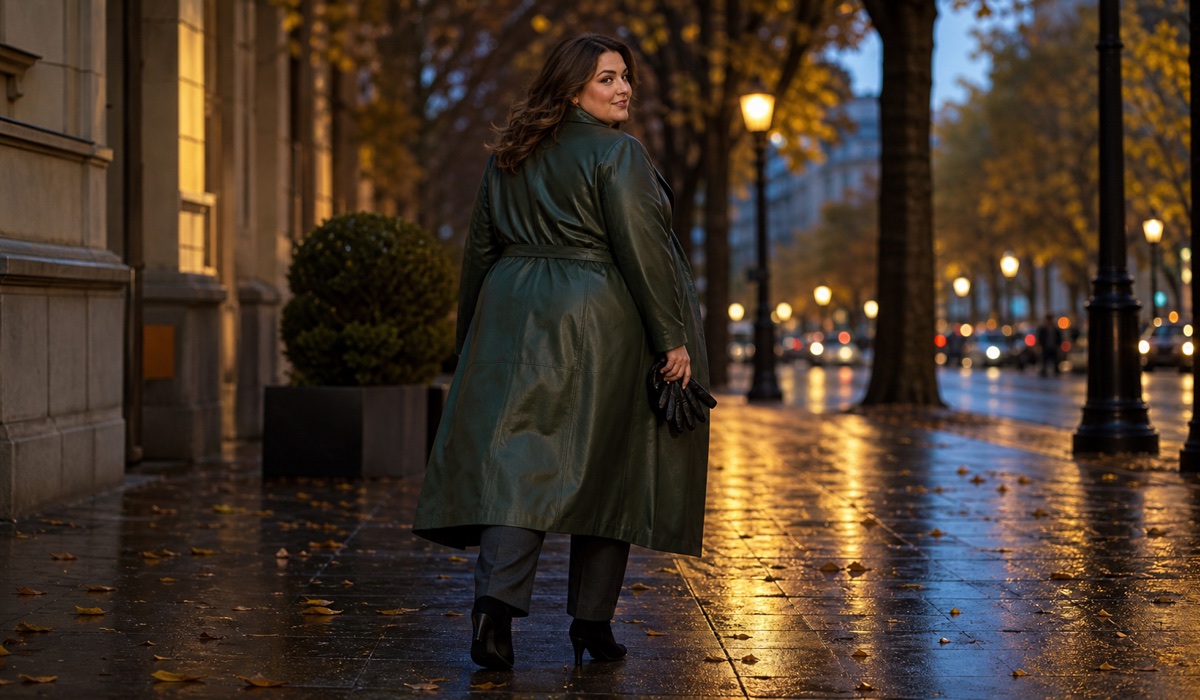 Жінка plus size у довгому темно-зеленому шкіряному плащі