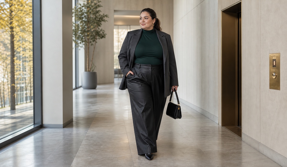 Жінка plus size у широких штанах з екошкіри та структурованому жакеті
