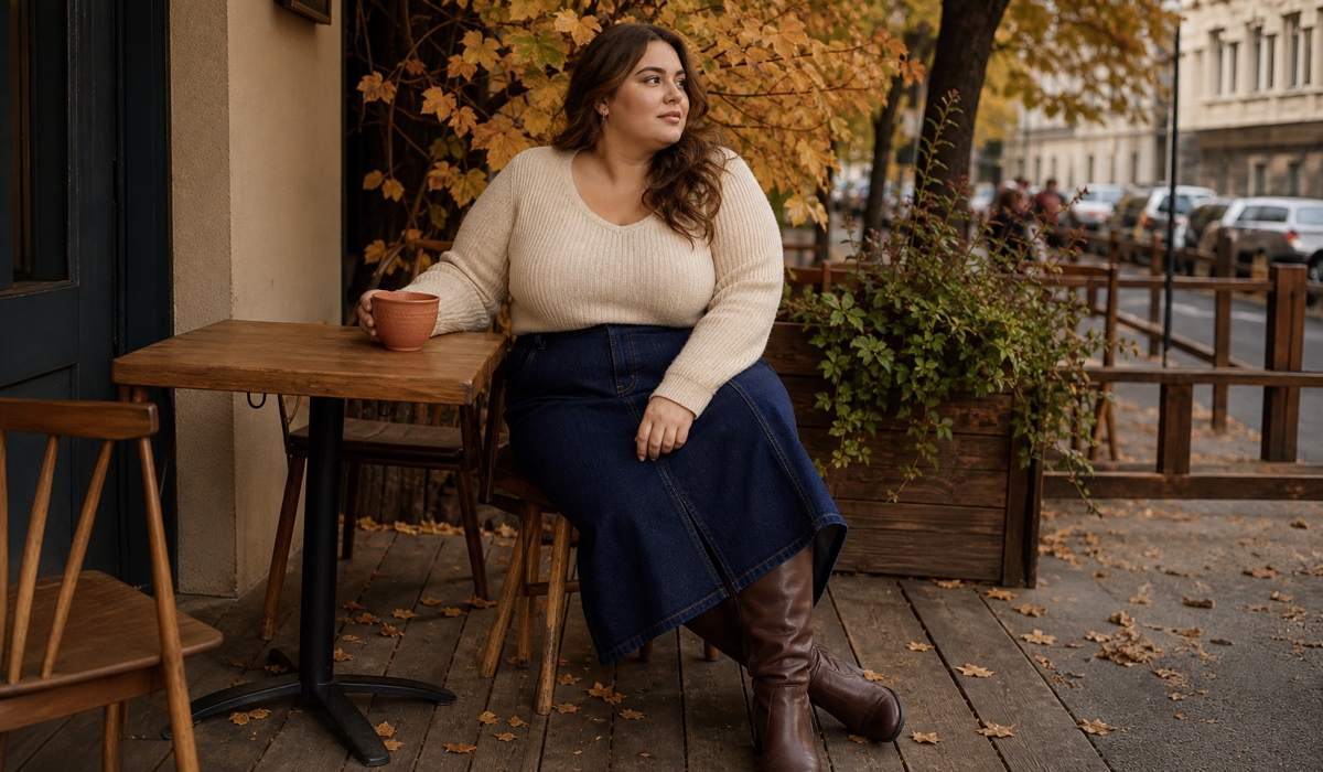 Крупний план шоколадної замші, трикотажу та осінньої палітри для Plus Size образу