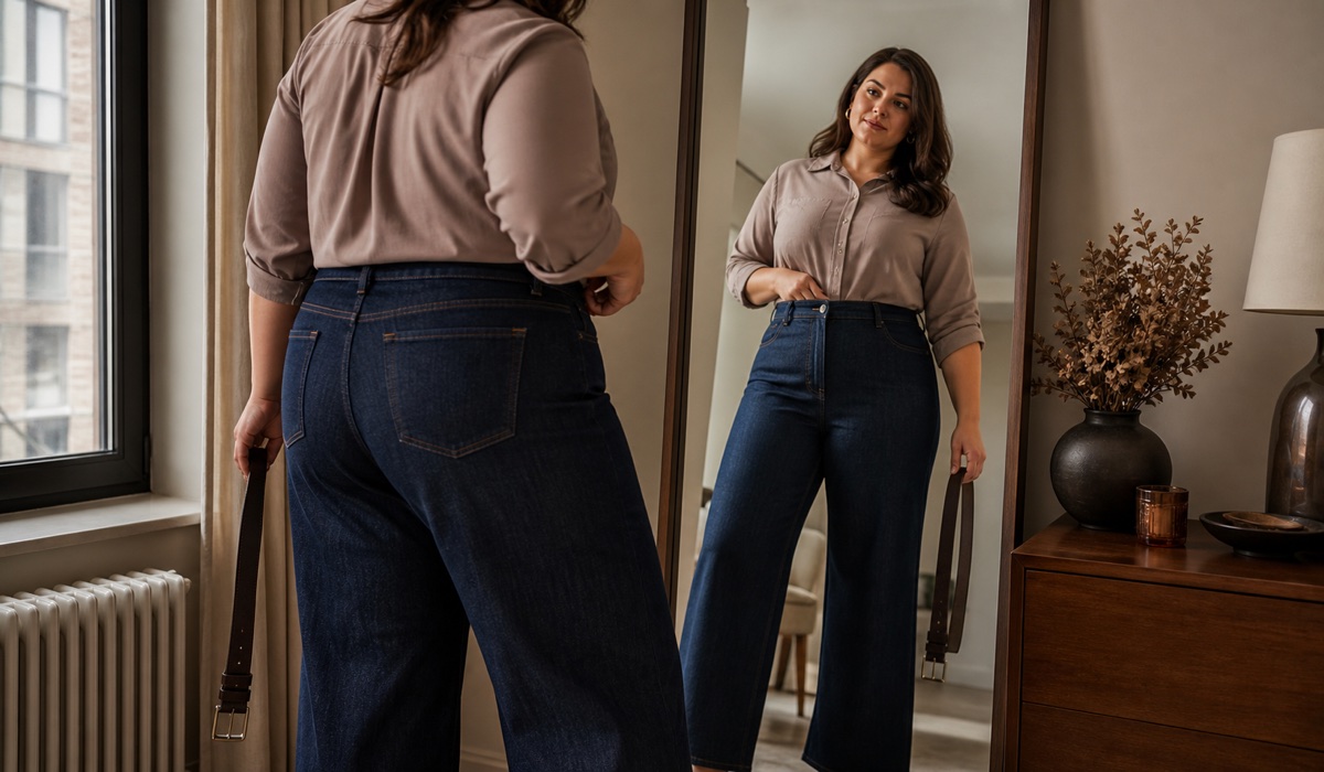 Plus Size модель у темно-синій замшевій сукні та молочному гольфі в офісному образі