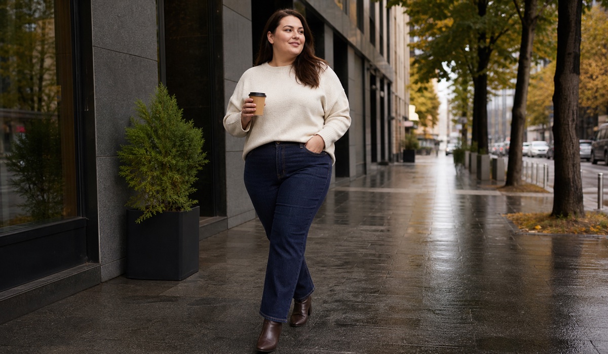 Жінка plus size у темних джинсах straight leg і світлому светрі в міському осінньому образі