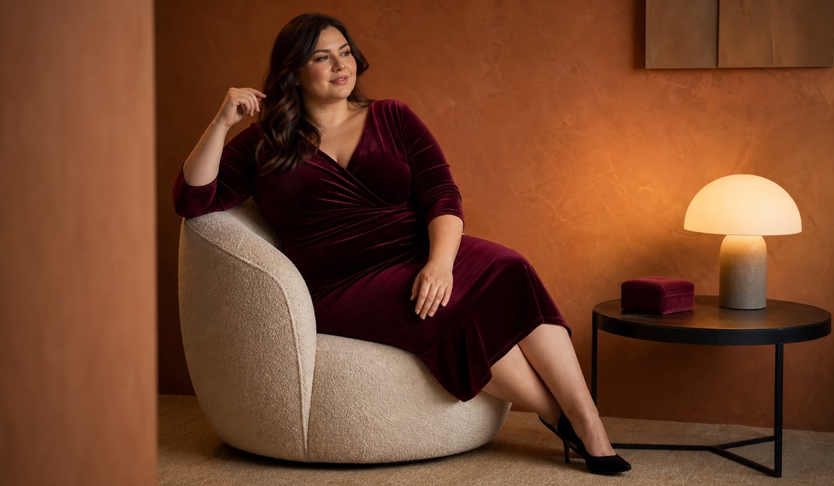 Оксамитова сукня міді бордового кольору для Plus Size