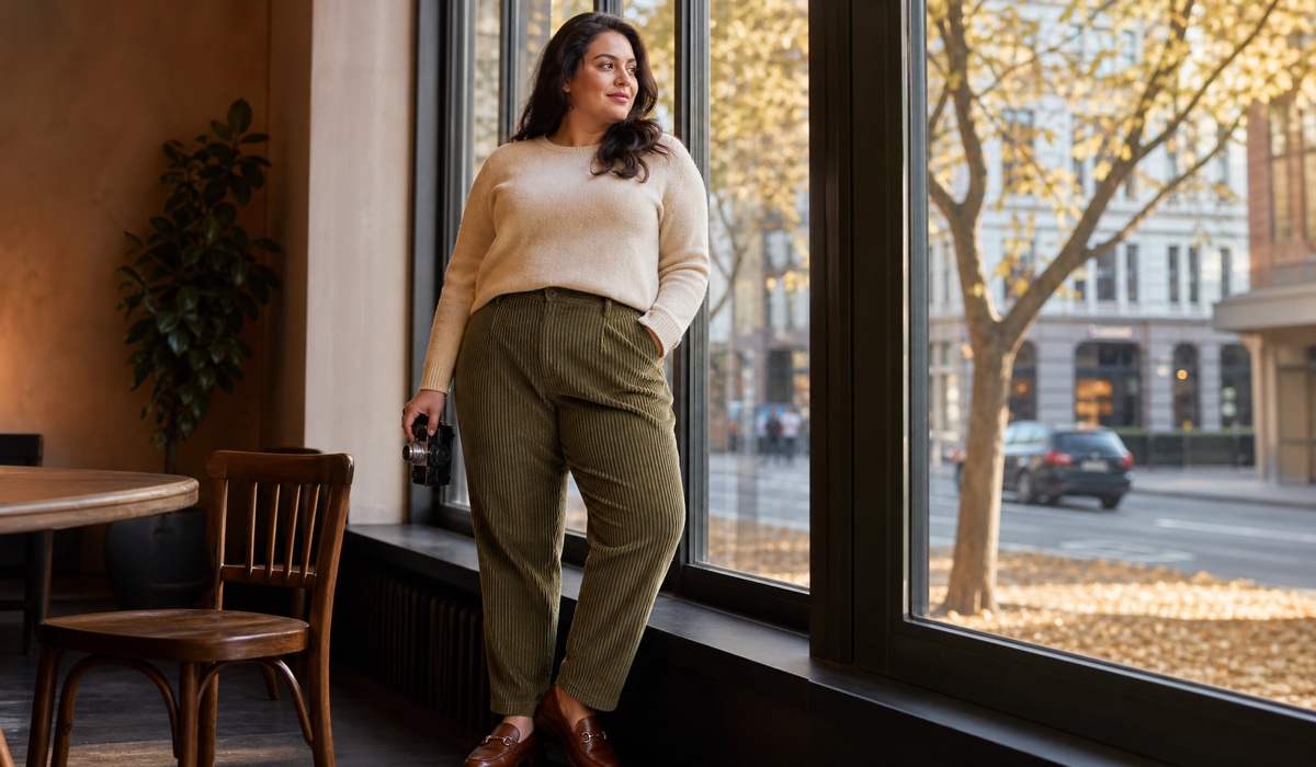 Вельветові прямі брюки в оливковому кольорі для Plus Size