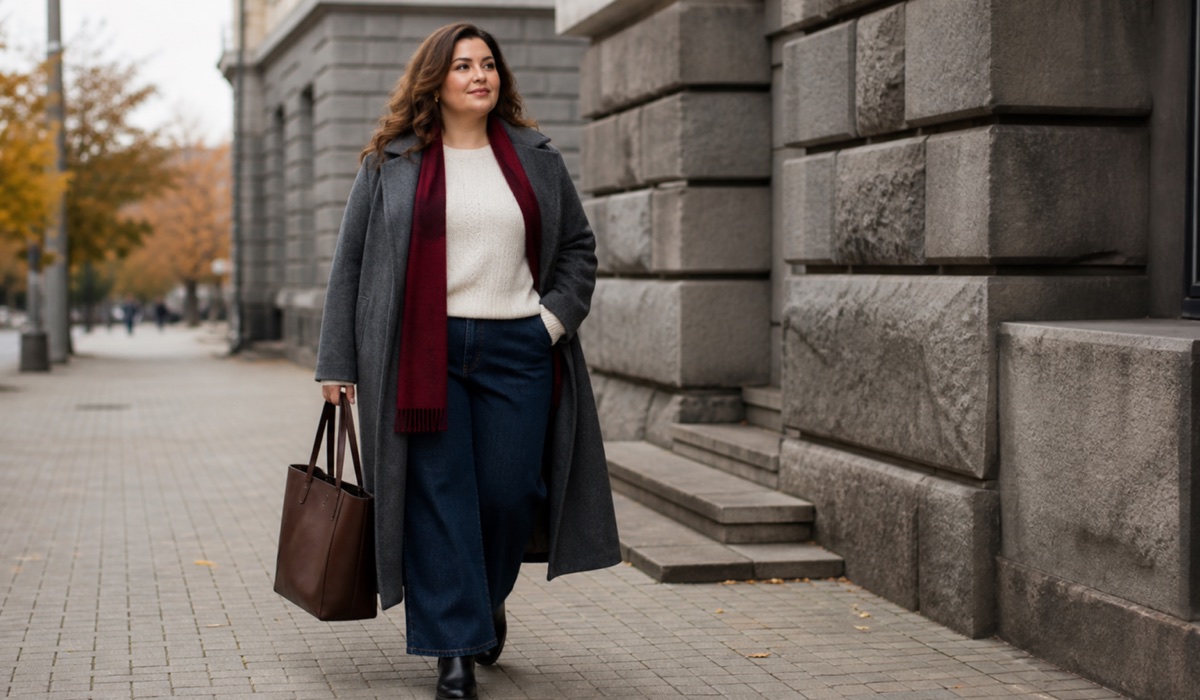 Plus size образ в графитовом пальто и широких джинсах для осенне-зимней капсулы