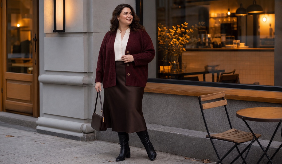 Plus size городской smart casual образ с бордовым кардиганом, юбкой миди и сапогами