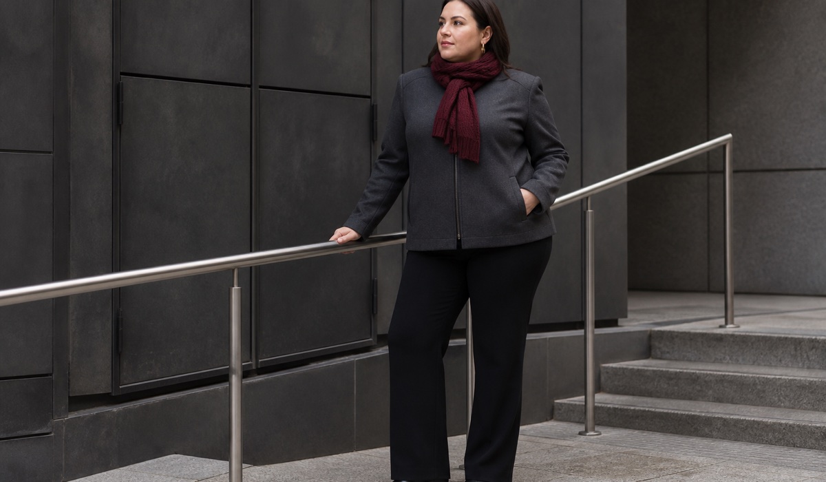 Женщина Plus Size в широких костюмных брюках и удлиненном жакете