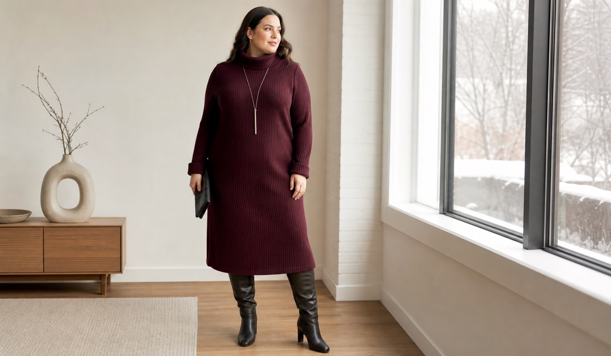 Трикотажное платье Plus Size с высоким воротником-трубой и длинным кулоном