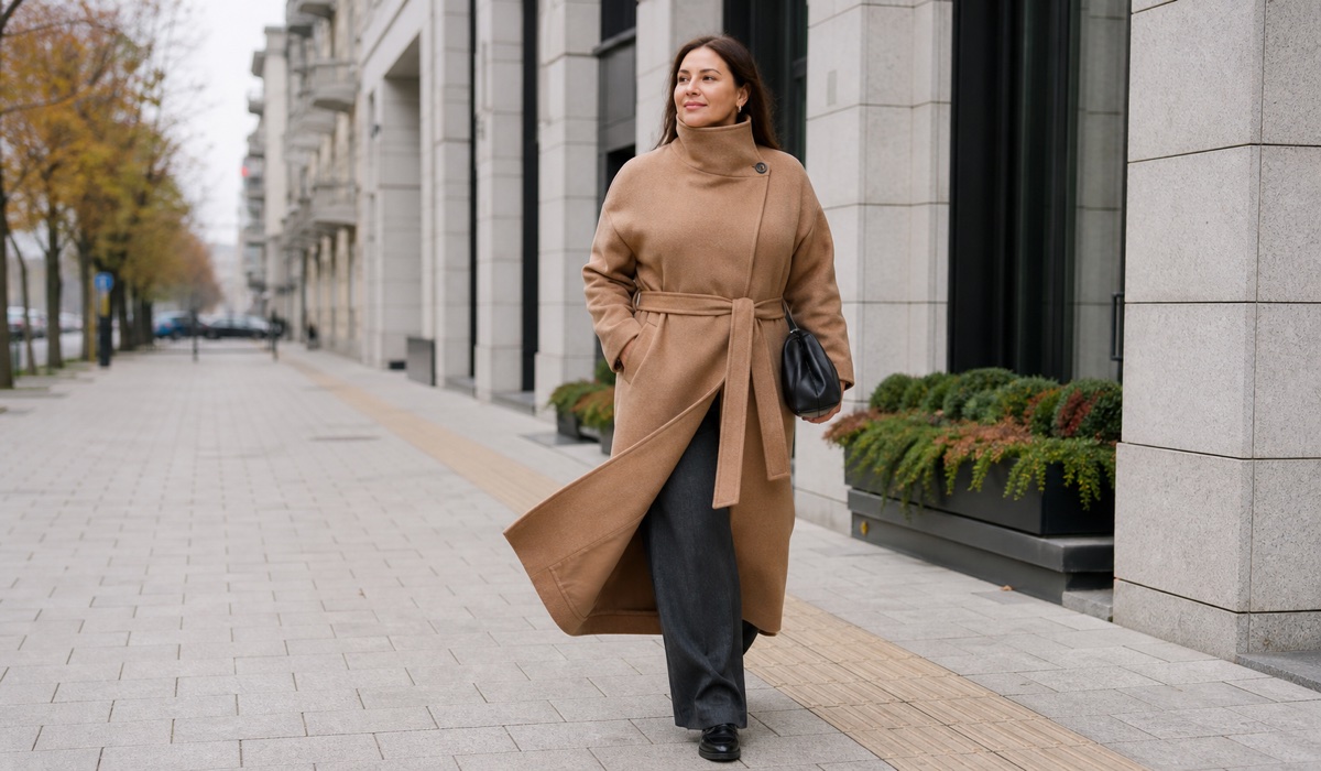 Пальто Plus Size с высоким воротником-стойкой в городском образе