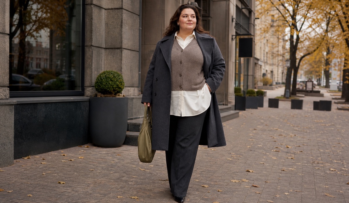 Женский многослойный образ Plus Size с рубашкой, кардиганом и пальто